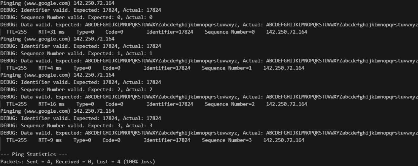 Ping Trace output for ICMP Echo Reply (Type 0)